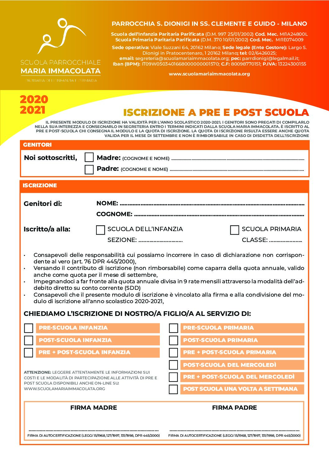Modulo d'iscrizione a pre e post scuola