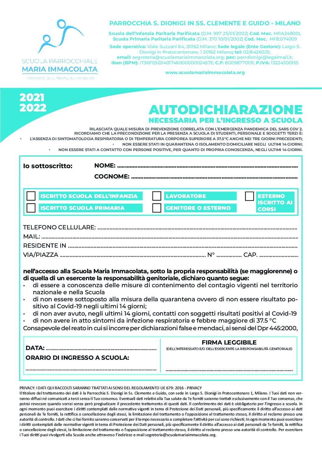 Autodichiarazione per l'ingresso a scuola