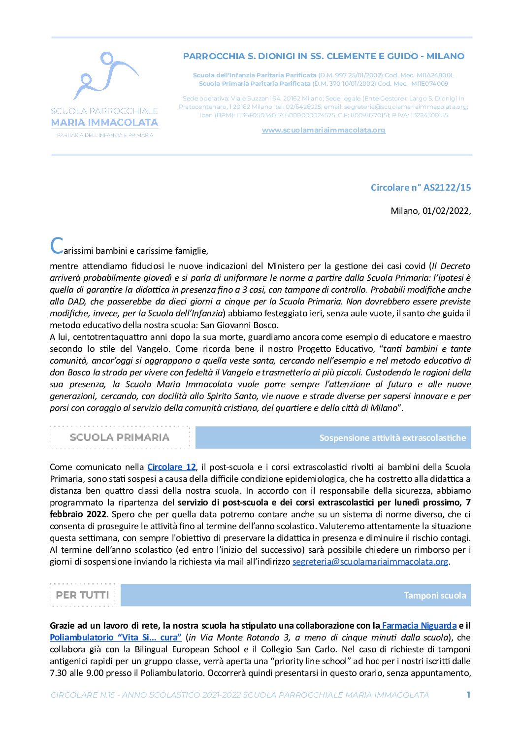 Circolare del Direttore della scuola n. 15