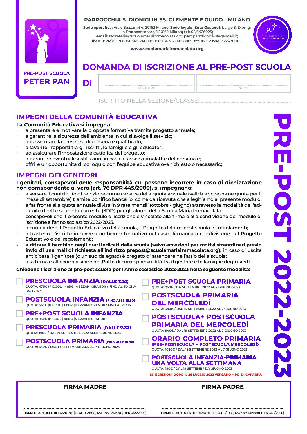 Modulo di iscrizione pre-post scuola Peter Pan